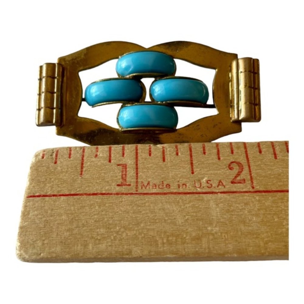1930s Art Nouveau Gold Tone Geometric Pattern Metal with Turquoise Glass - Picture 3 of 8
